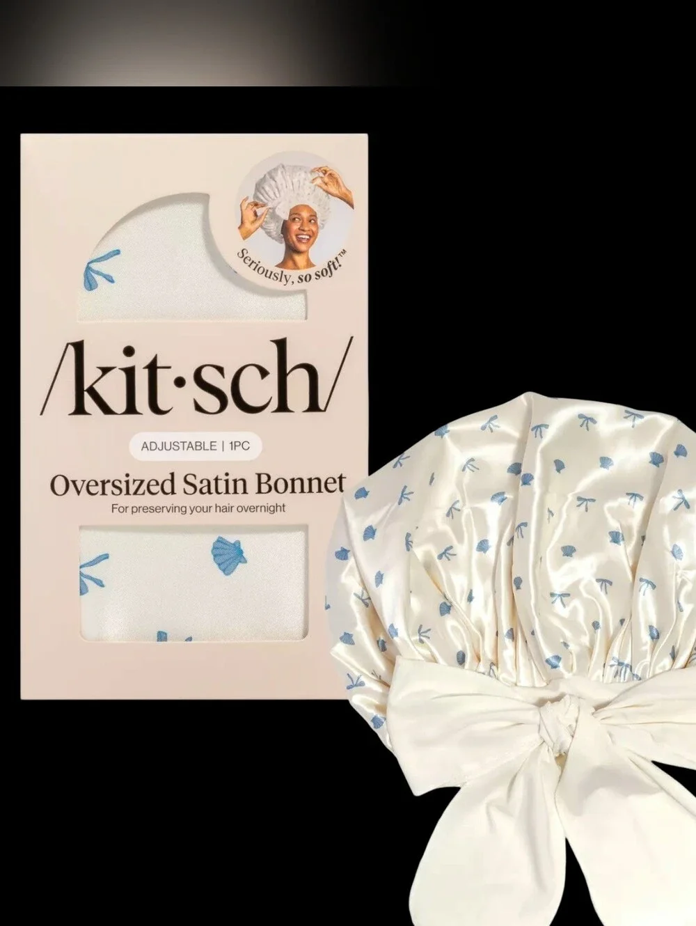 Kitsch Oversized Satin Bonnet — White with Light Blue Floral Print